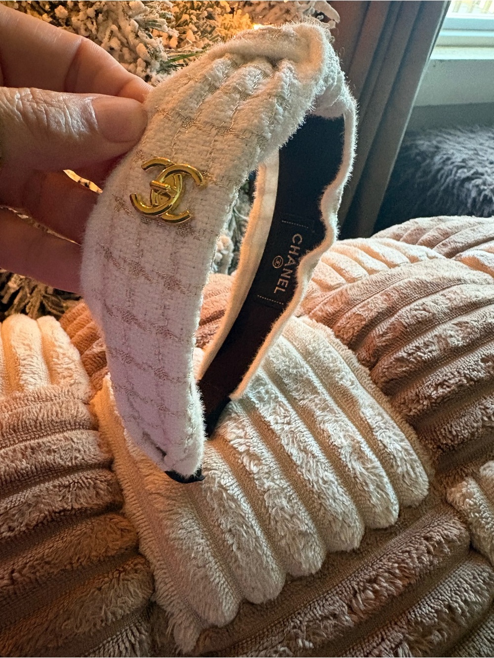 Fashion Cream Tweed Headband with Gold
